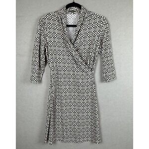 J.McLaughlin XS Black White Geometric Lattice Wrap Dress 3/4 Sleeve‎ Stretch